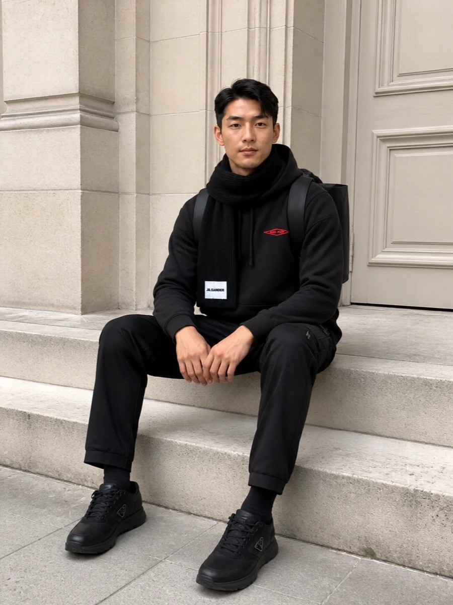 Junya hoodie black utility pants outfit