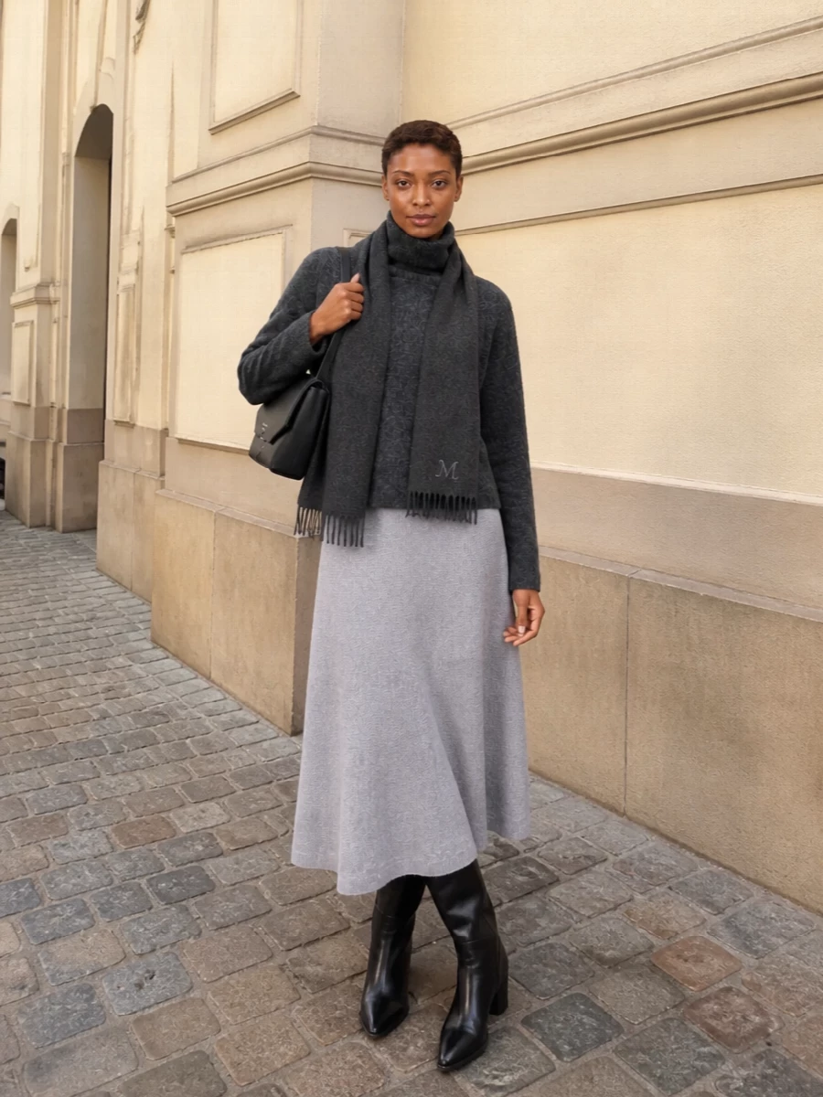 Emporio armani grey knit skirt black boots outfit