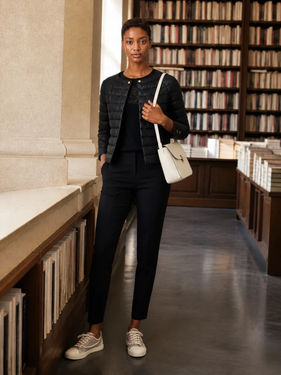I am building around the jacket with separates rather than a dress, so the clean navy-on-navy column stays coherent and weekday-versatile. The soft S Max Mara knit and tapered Circolo trouser keep the silhouette slim under the cropped, boxy Herno, while taupe canvas sneakers and a structured ivory Wandler bag relax the tailoring without losing polish. It feels like quiet city dressing for spring, grounded, tonal and unfussy.