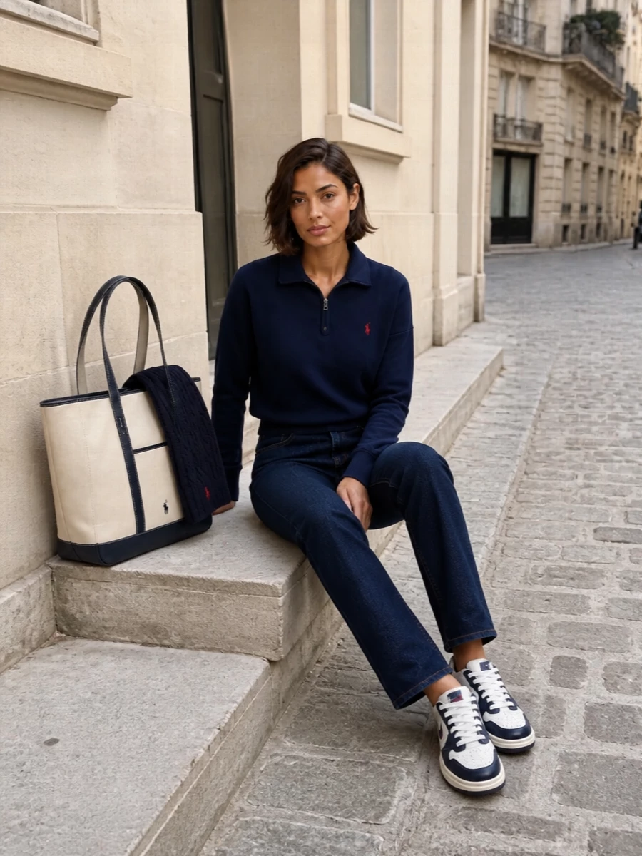 Navy on navy meets in a quietly polished, collegiate pairing of half-zip knit and dark straight denim, grounded with retro-court sneakers. The structured canvas tote and matching cable scarf keep the palette tight, giving you a city-ready take on heritage sport that still feels relaxed and easy.