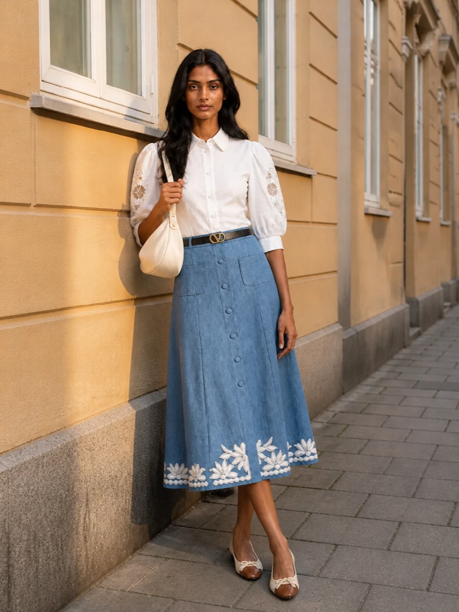 A softly romantic take on denim pairing, this chambray midi skirt meets a sculpted white puff-sleeve shirt for a fresh, feminine silhouette. Cream and tan ballerinas and an off-white bucket bag keep the palette light and polished, while a slim belt quietly defines the waist without disturbing the skirt’s movement. The result feels poetic and preppy, ideal for daytime city dressing that still reads special.