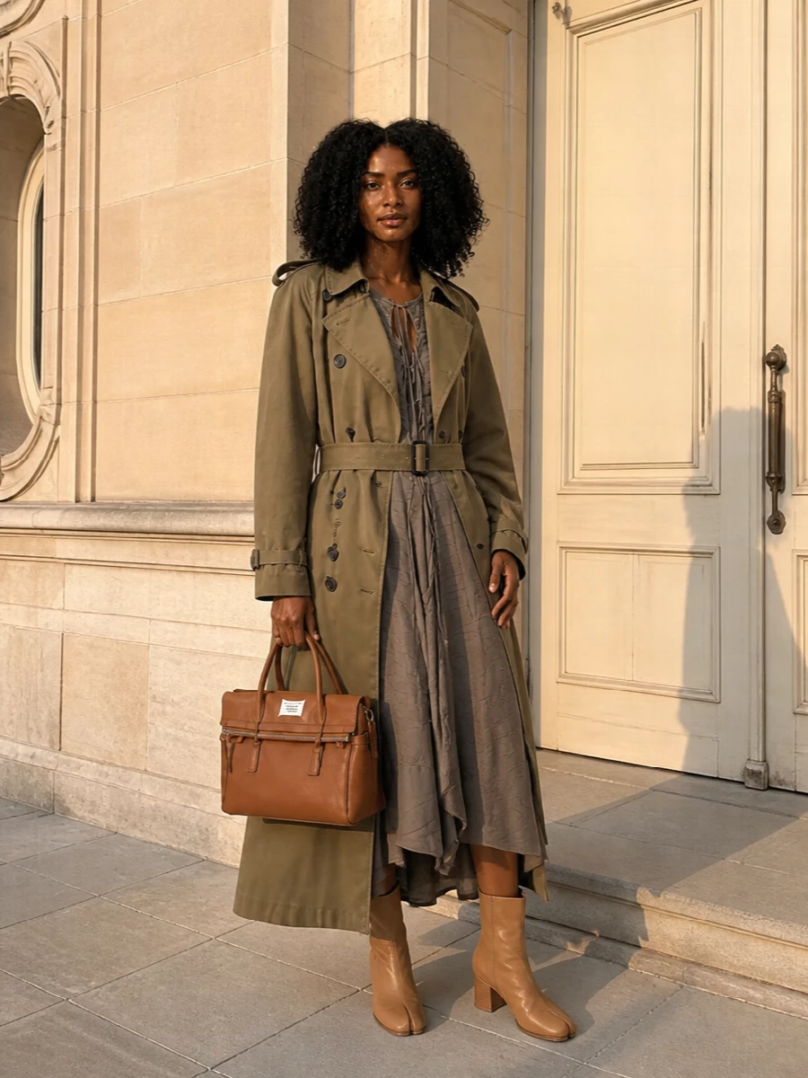Maison margiela trench taupe midi dress styling