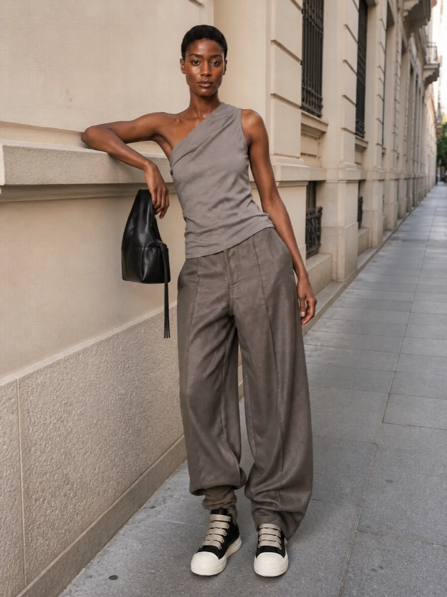Rick owens taupe wide leg pants sneakers outfit