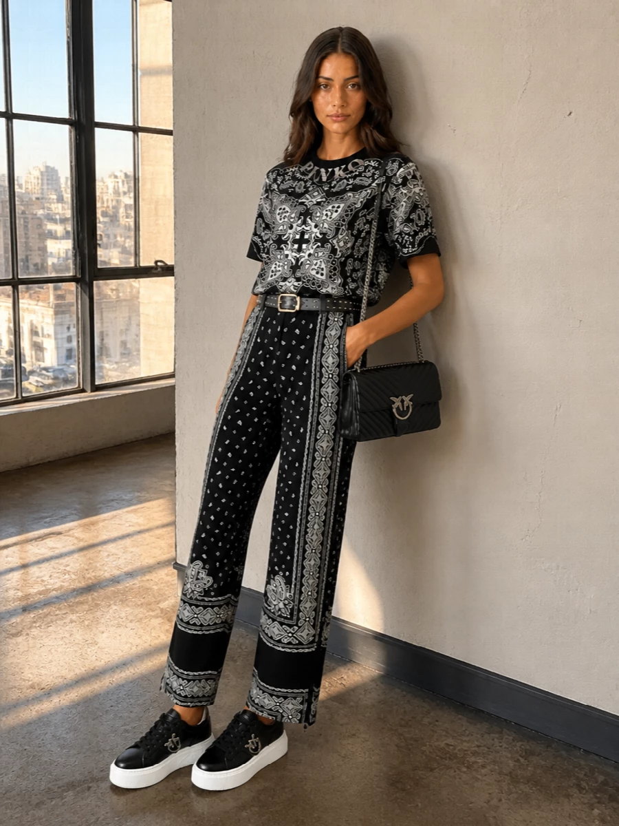 Pinko black paisley set straight pants sneakers