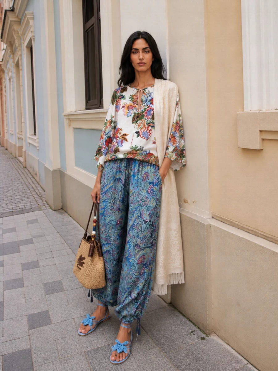 Etro floral blouse paisley wide leg trousers outfit