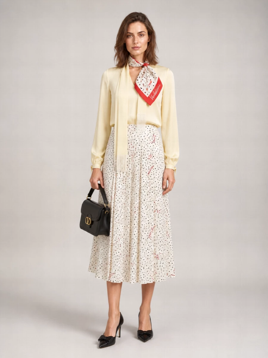 Valentino Silk Pleated Logo Print Midi Skirt
