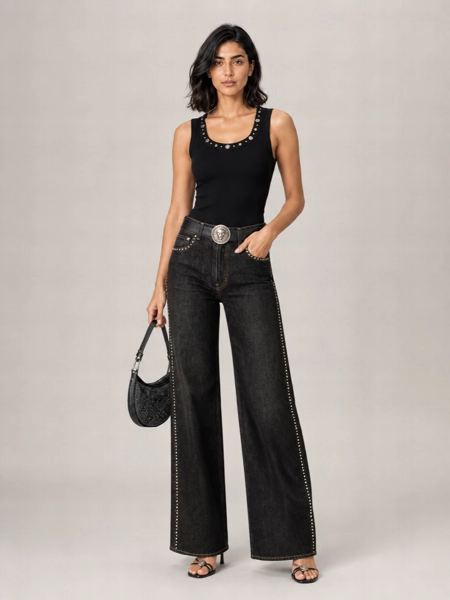Versace Studded Cotton Denim Mid-Rise Barrel-Leg Jeans