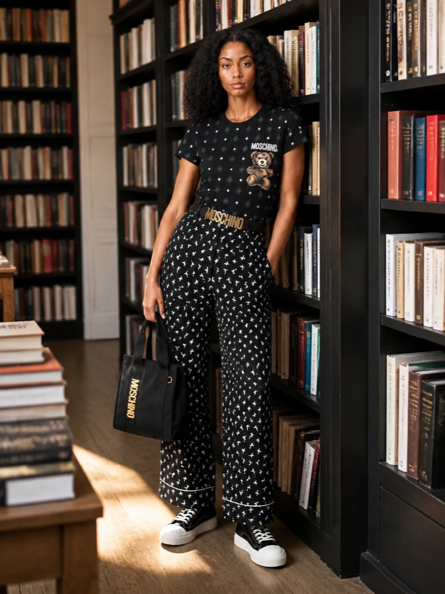 Moschino teddy t shirt wide leg trousers outfit