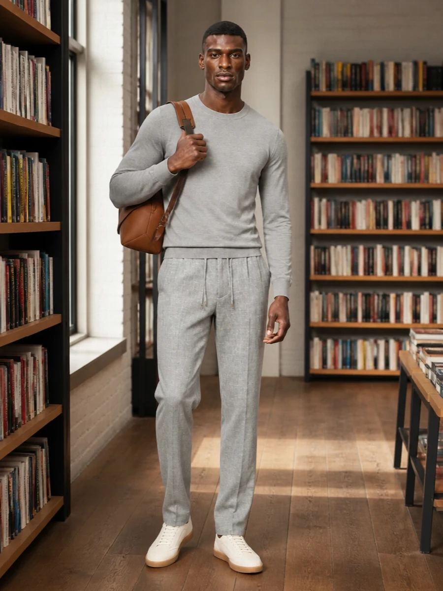 Soft grey on grey creates a calm, precise base, with the fine-gauge crew and relaxed tailored trousers reading polished without trying. Cream leather sneakers keep it modern and easy, while the tan geometric bag adds just enough warmth and structure to feel considered rather than matching.