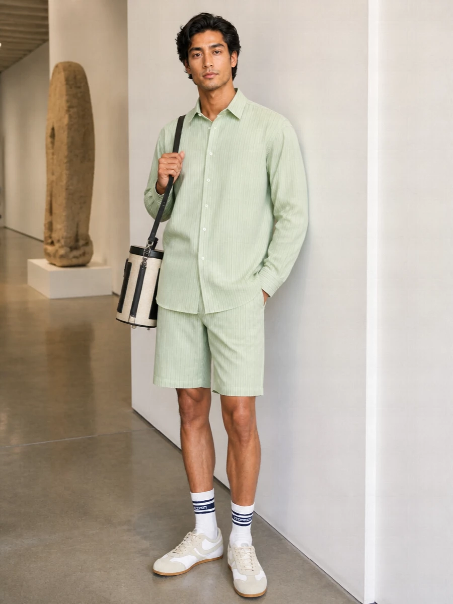 Dries van noten mint shorts sage striped shirt