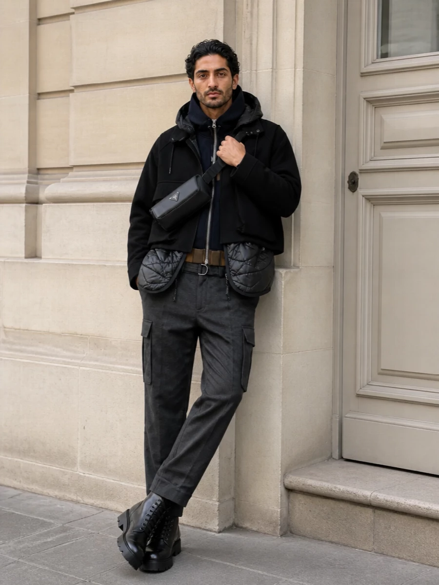 Sacai parka prada cargo trousers combat boots