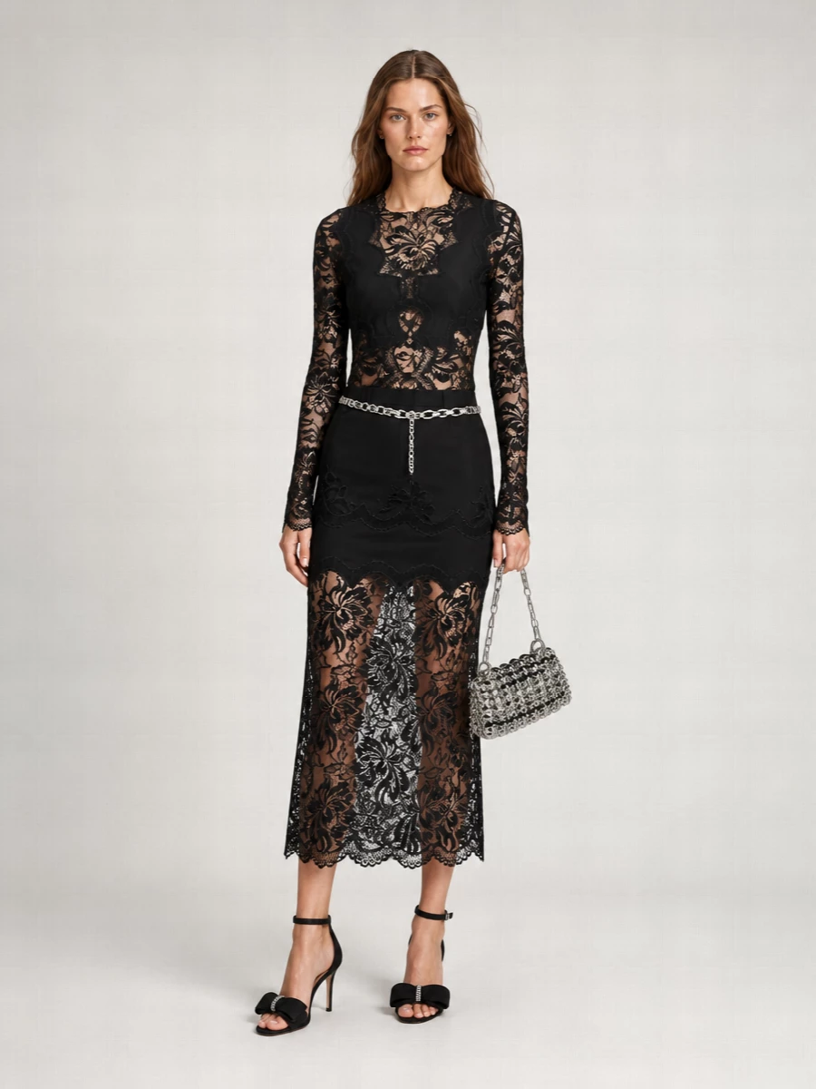 Paco Rabanne High-Waist Lace Midi Skirt