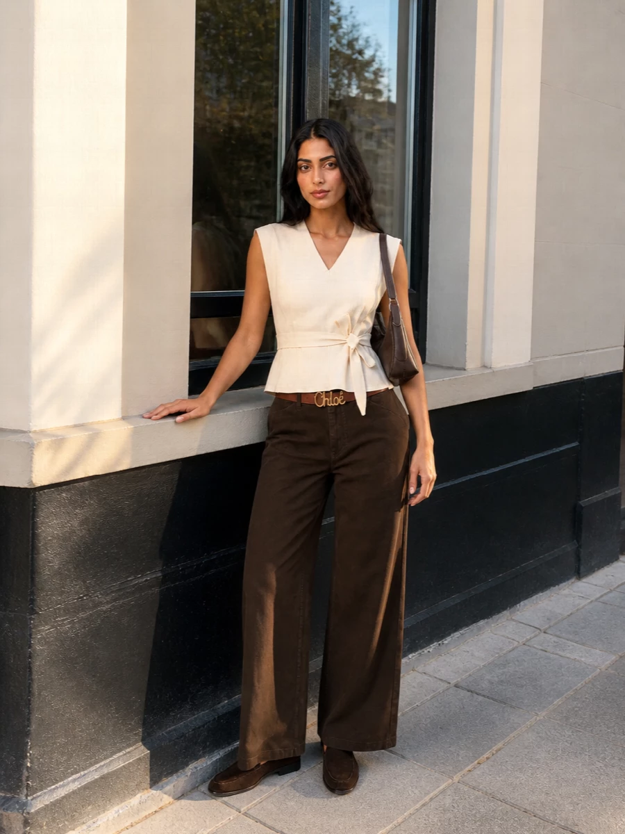 Dark chocolate tailoring meets sculpted ivory for a calm, precise take on daytime dressing. The belted sleeveless top sharpens the wide-leg trouser’s volume, while tonal suede loafers and a soft shoulder bag keep the palette rich and continuous. A slim chocolate belt finishes the waist so the whole outfit reads intentional yet relaxed enough for long city days.