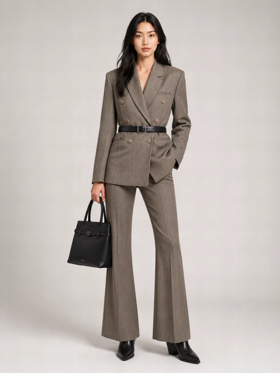 A sharply tailored taupe suit is cut with a high waist and soft flare, creating a long, clean line beneath the structured blazer. Black pointed boots and a structured top-handle bag add precise contrast, while a slim belt quietly defines the waist. The result is boardroom-ready tailoring that reads calm, modern and assured.