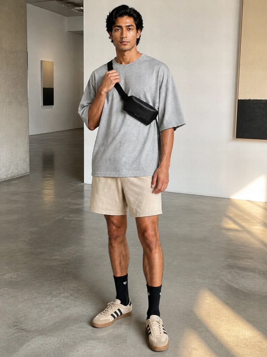 Entire studios beige shorts grey tee adidas sneakers