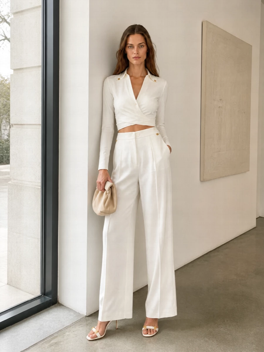 A soft white wrap blouse and fluid high-waisted trousers create a long, uninterrupted line that feels sharp yet romantic in the evening light. Gold touches repeat from collar to waist to heel, so the details whisper together rather than shout. The buttercream clutch and gauzy stole add just enough texture to keep the palette rich while staying firmly in quiet luxury territory.