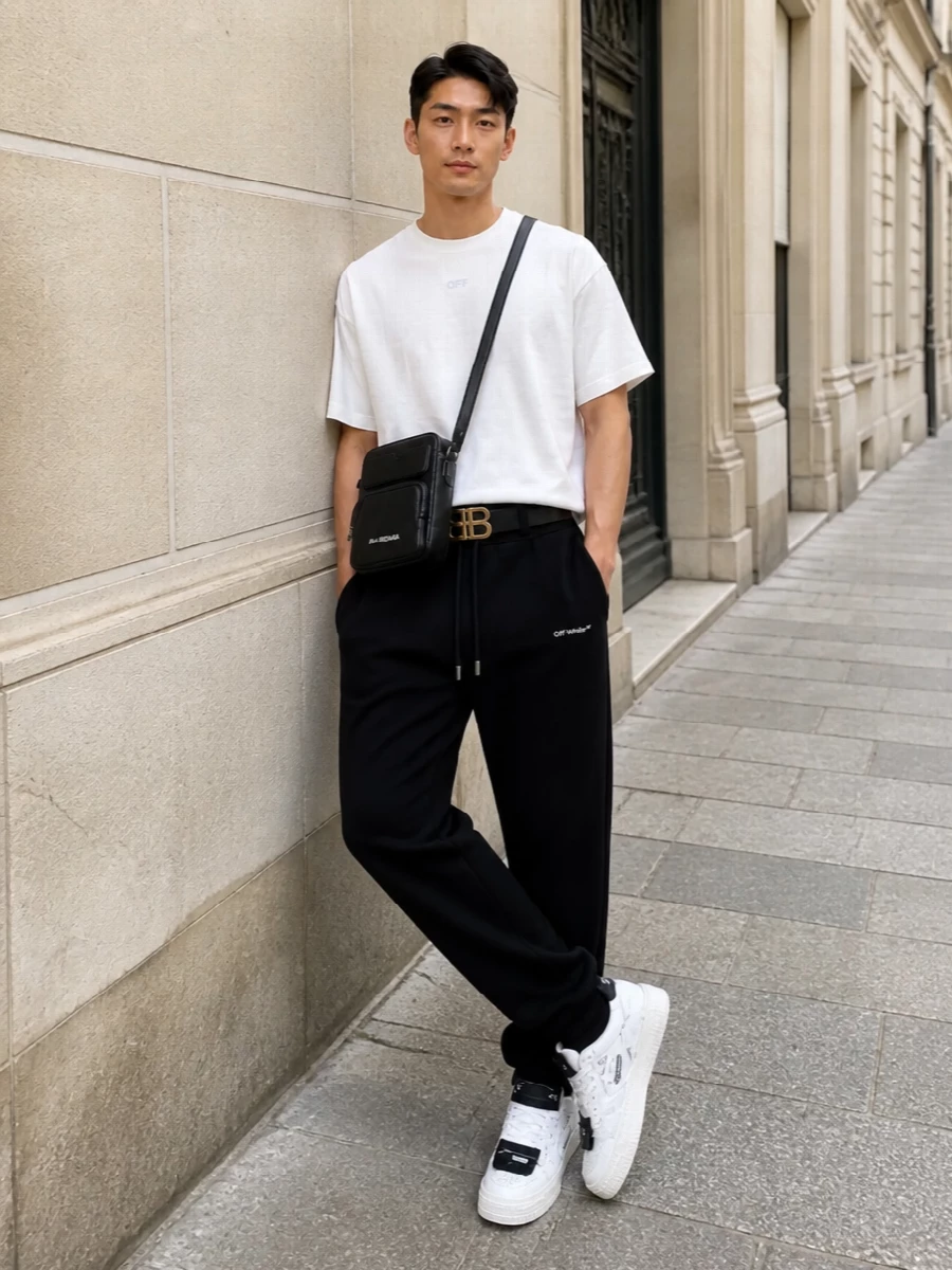 Off white track pants outfit balenciaga bag