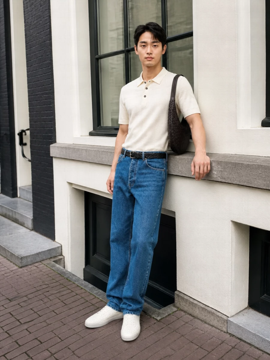 Mid blue denim, a cream polo and ivory woven sneakers create a clean, soft-toned uniform that feels relaxed but considered. The espresso crossbody and black woven belt add just enough depth and structure to keep the palette grounded without breaking the quiet, minimal mood.