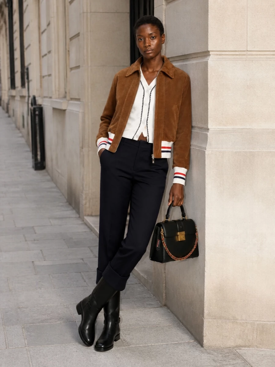 Thom browne camel cord bomber cropped trousers