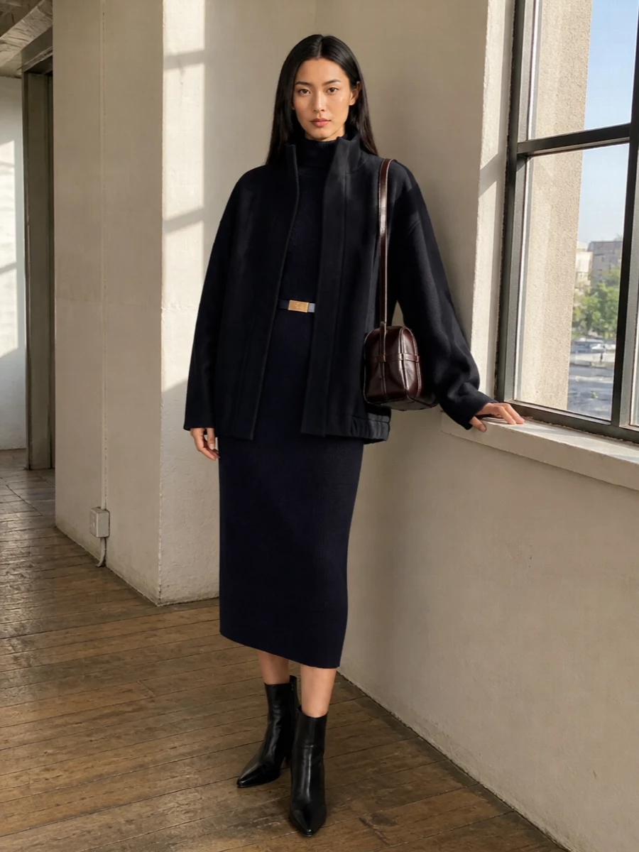 Dries van noten navy coat ribbed midi dress