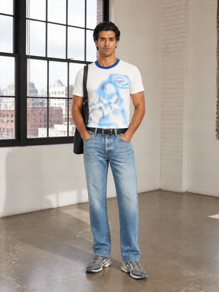 The airbrushed Diesel tee sits over sun-faded straight denim for a soft, nostalgic take on streetwear that still feels easy for every day. Technical grey runners and a charcoal tote keep the palette grounded and practical, while a clean black belt sharpens the waist without shouting. It is a relaxed, graphic outfit built around washed blues, off white and subtle hardware details.