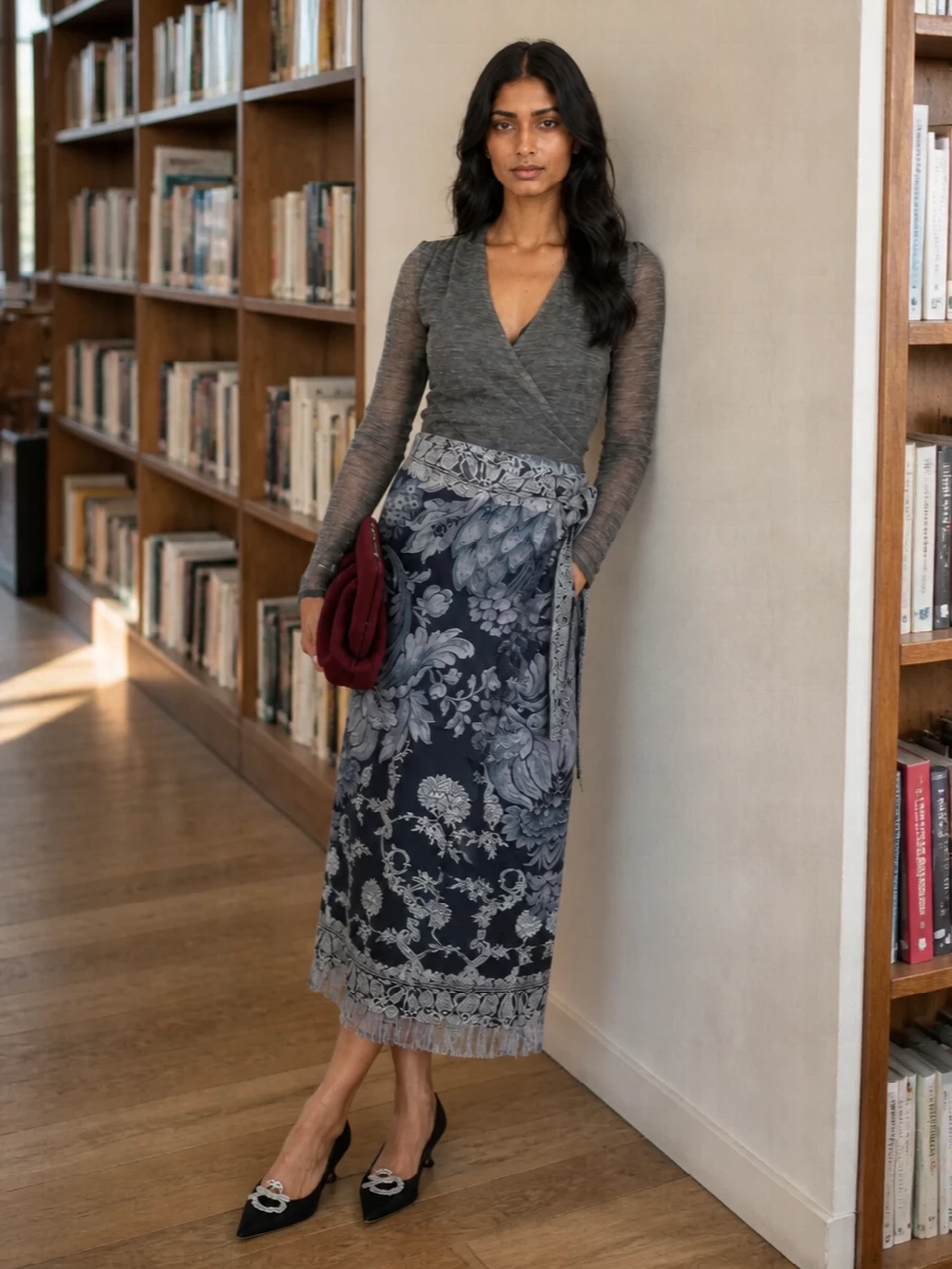 A midnight jacquard wrap skirt meets a soft grey wrap knit, creating a fluid, romantic column that feels considered for dinner or an intimate event. Black kitten-heel pumps keep the line sharp yet walkable, while a burgundy suede clutch and jewel-toned scarf introduce just enough color and texture to deepen the palette without distracting from the skirt.
