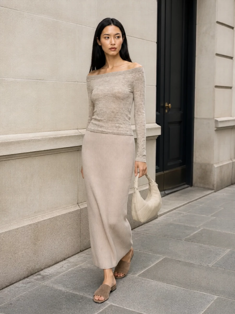 Beige ribbed knit maxi skirt off shoulder top outfit