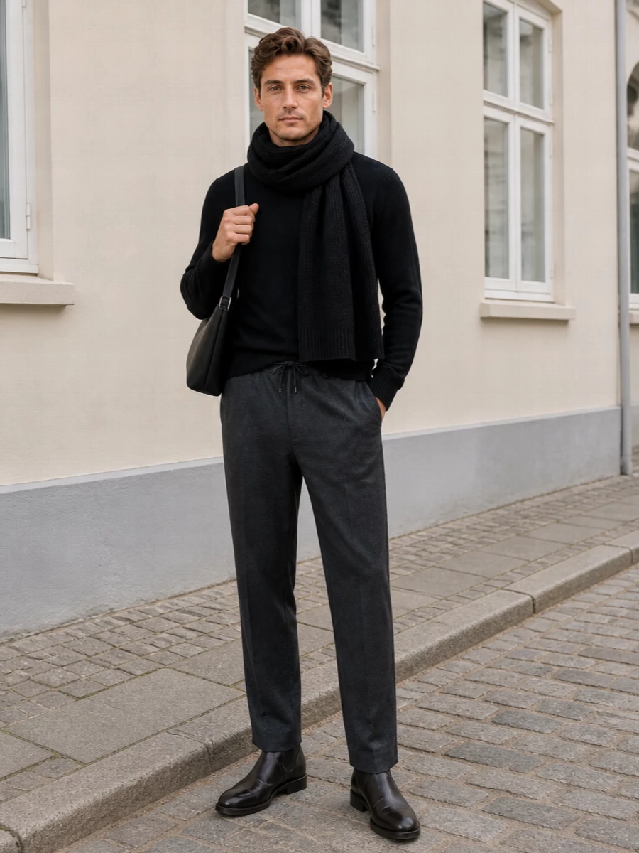 Lisa yang black sweater dries charcoal trousers