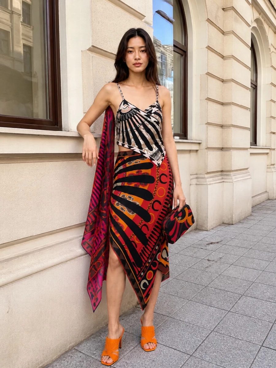 This is a full Pucci moment built around fiery geometrics, with the asymmetric skirt and matching scarf top playing off each other in sunset tones and inky black. Sleek orange mules and the compact printed pouch keep the palette tight and nightlife focused, so the print reads intentional rather than chaotic. Let the silk and color do the work and keep jewellery to simple gold hoops or a single cuff.
