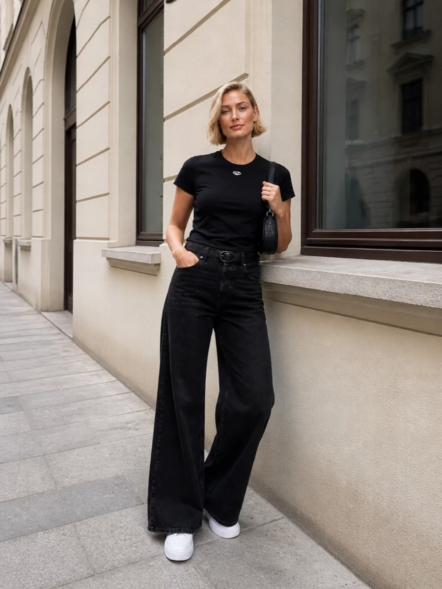 Diesel black tee wide leg jeans nike sneakers