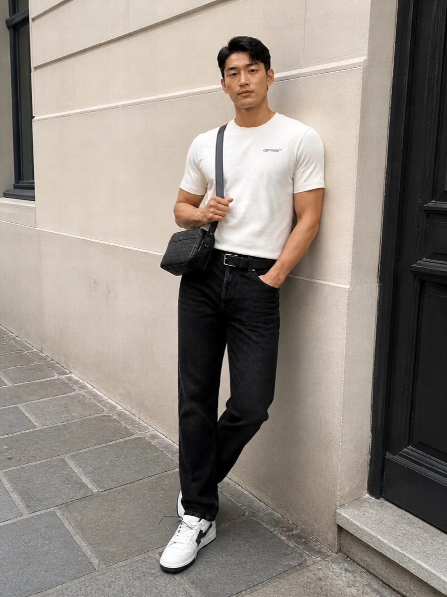 Off white t shirt black jeans streetwear outfit