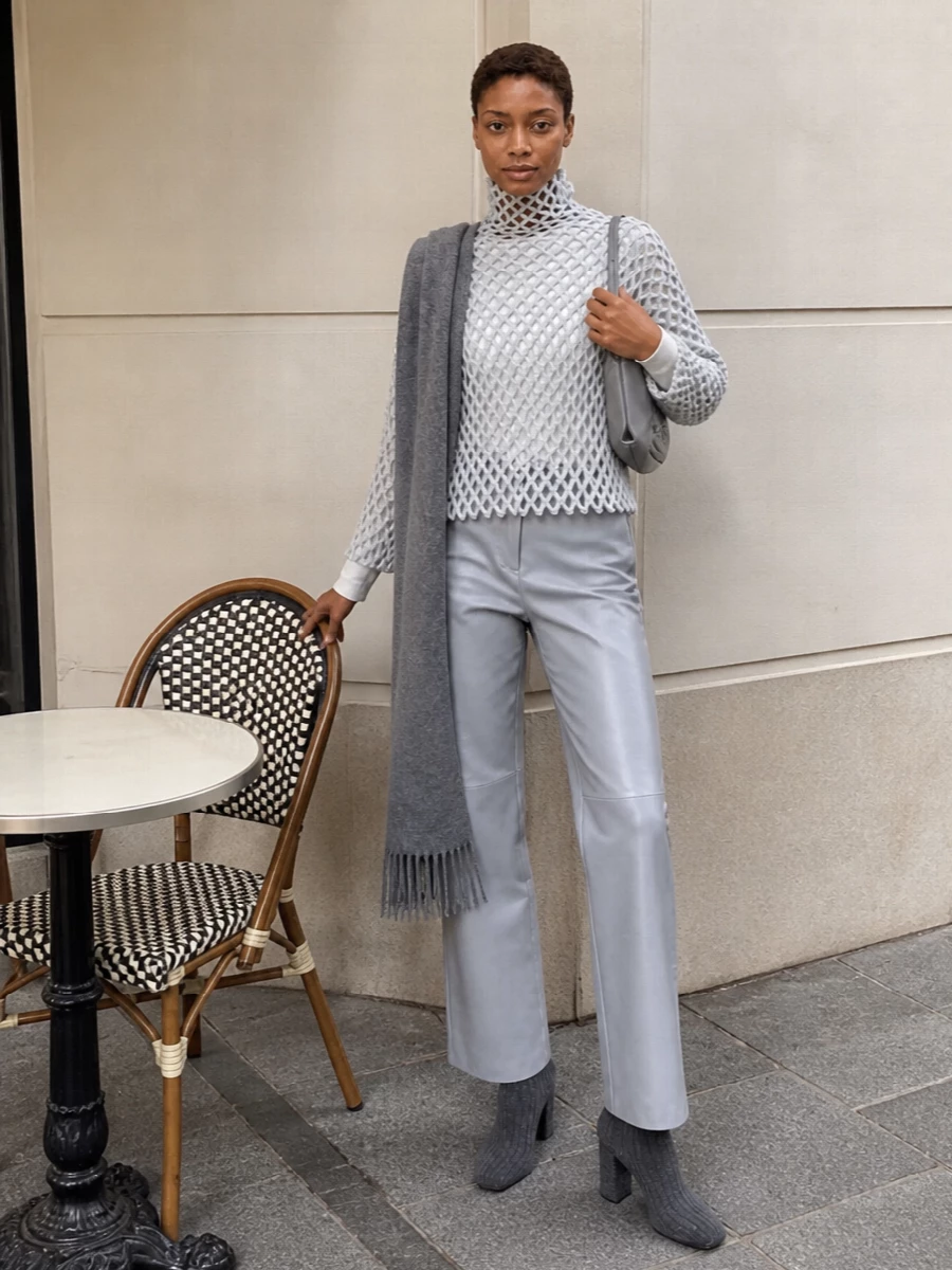 Sportmax grey mesh sweater wide leg trouser outfit