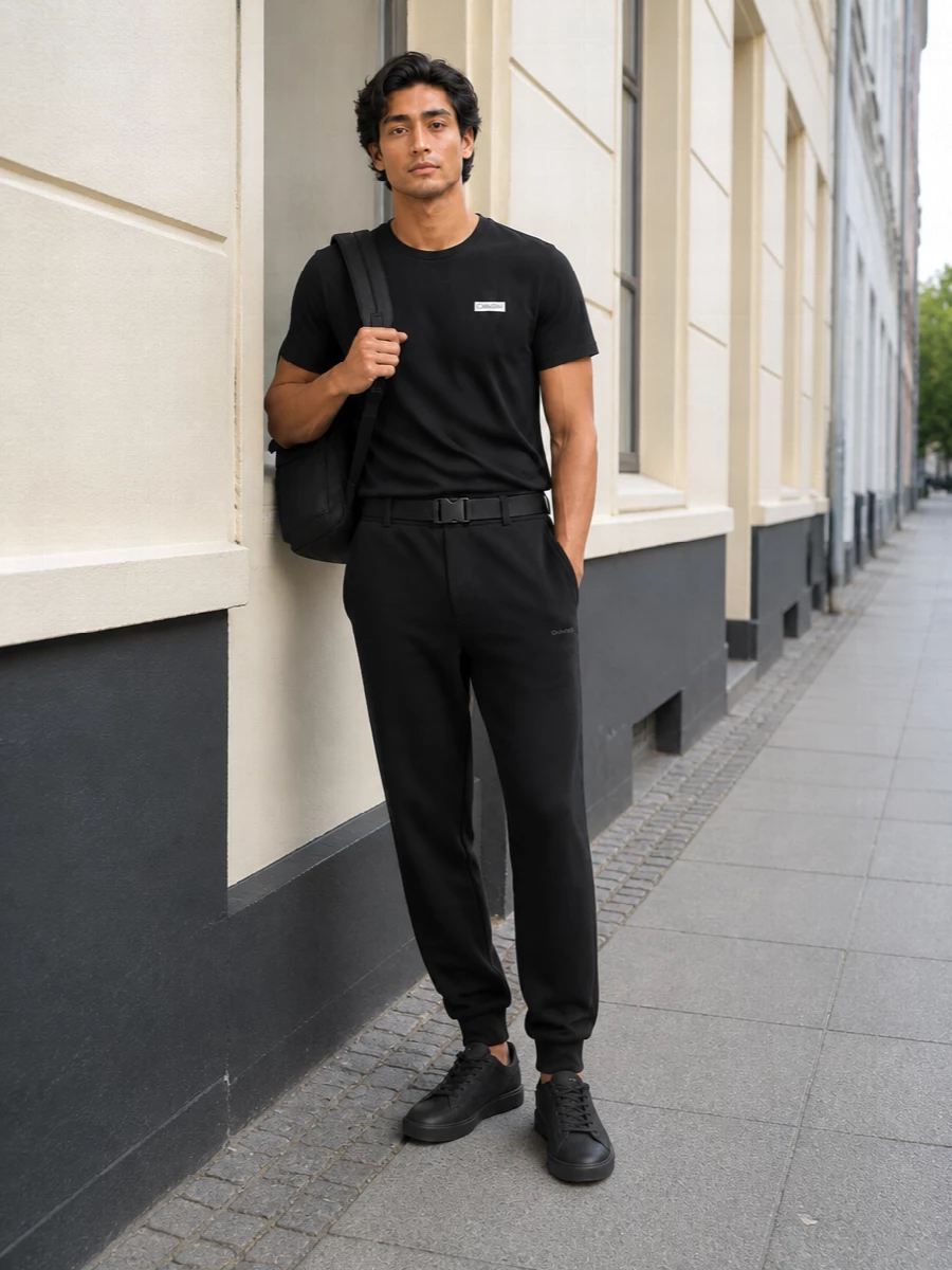 Calvin klein black tee jogger outfit sneakers