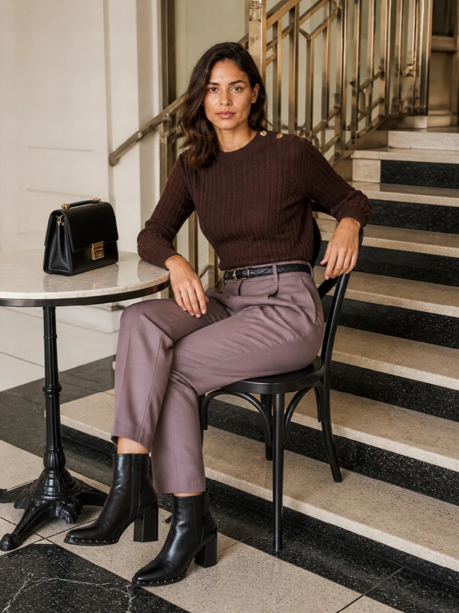 Dusty mauve tailoring meets deep chocolate knitwear for a refined, tonal take on workday dressing. The high-waisted tapered trouser and neat cable crew balance softness with structure, while black leather accents keep the finish sharp and modern. It is a quietly confident combination that moves easily from desk to dinner without feeling overdone.