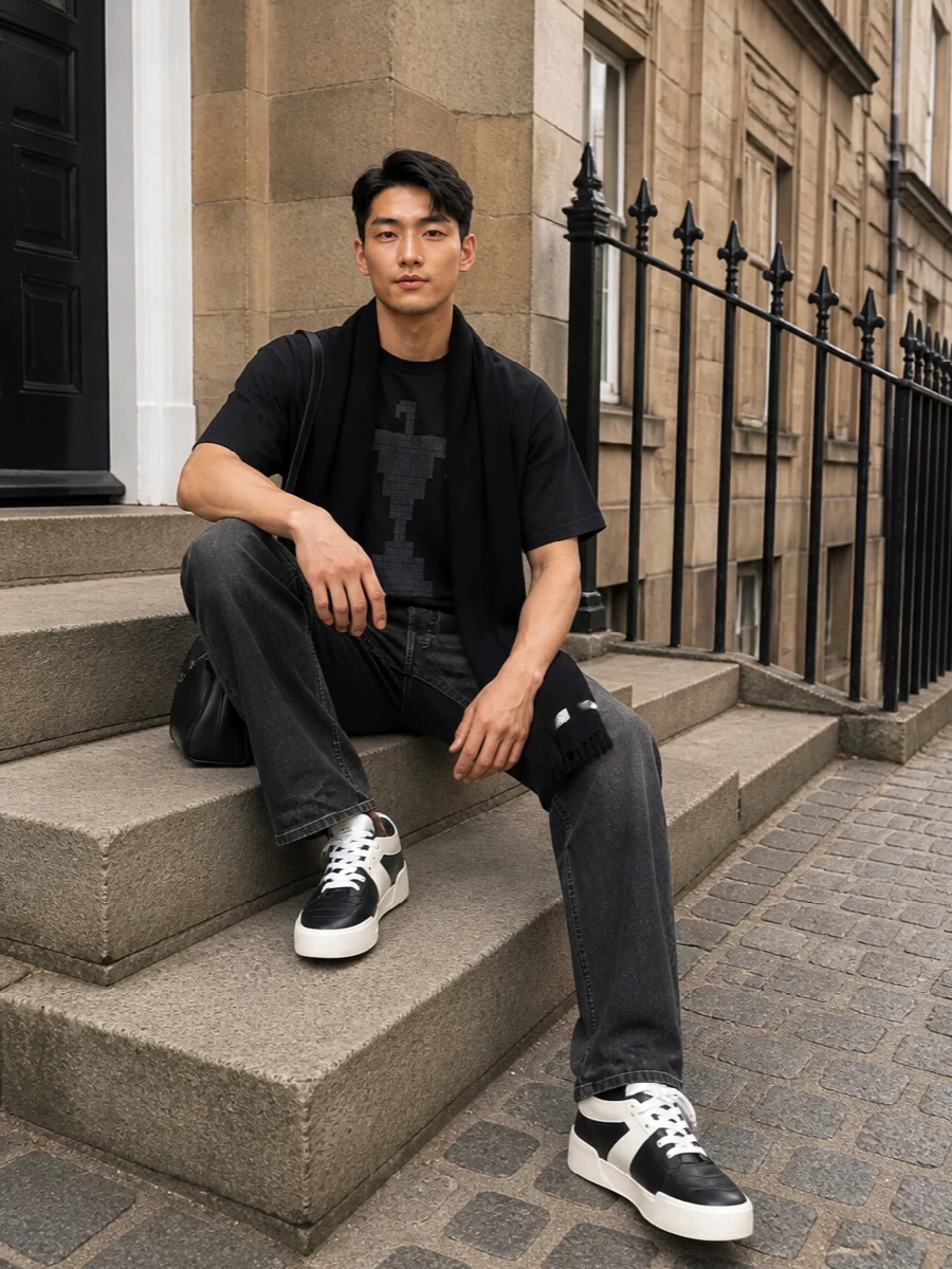 A washed black Fear Of God tee sits over straight-leg washed black denim, keeping everything in a single, nuanced charcoal story. Sculpted black and cream high-tops pick up the graphic’s geometry, while a structured Balenciaga crossbody and a stark black scarf sharpen the mood. The result is a calm, street-led uniform that feels precise without tipping into formality.