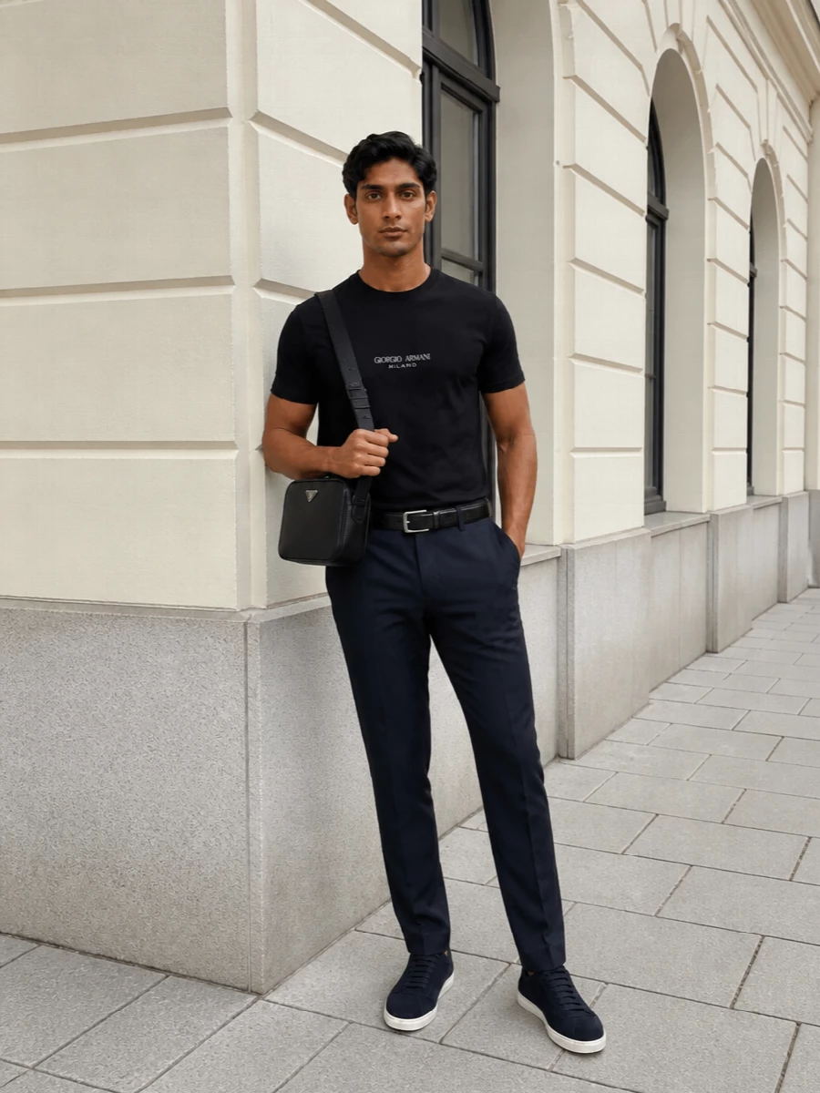 Giorgio armani tee navy trousers prada bag