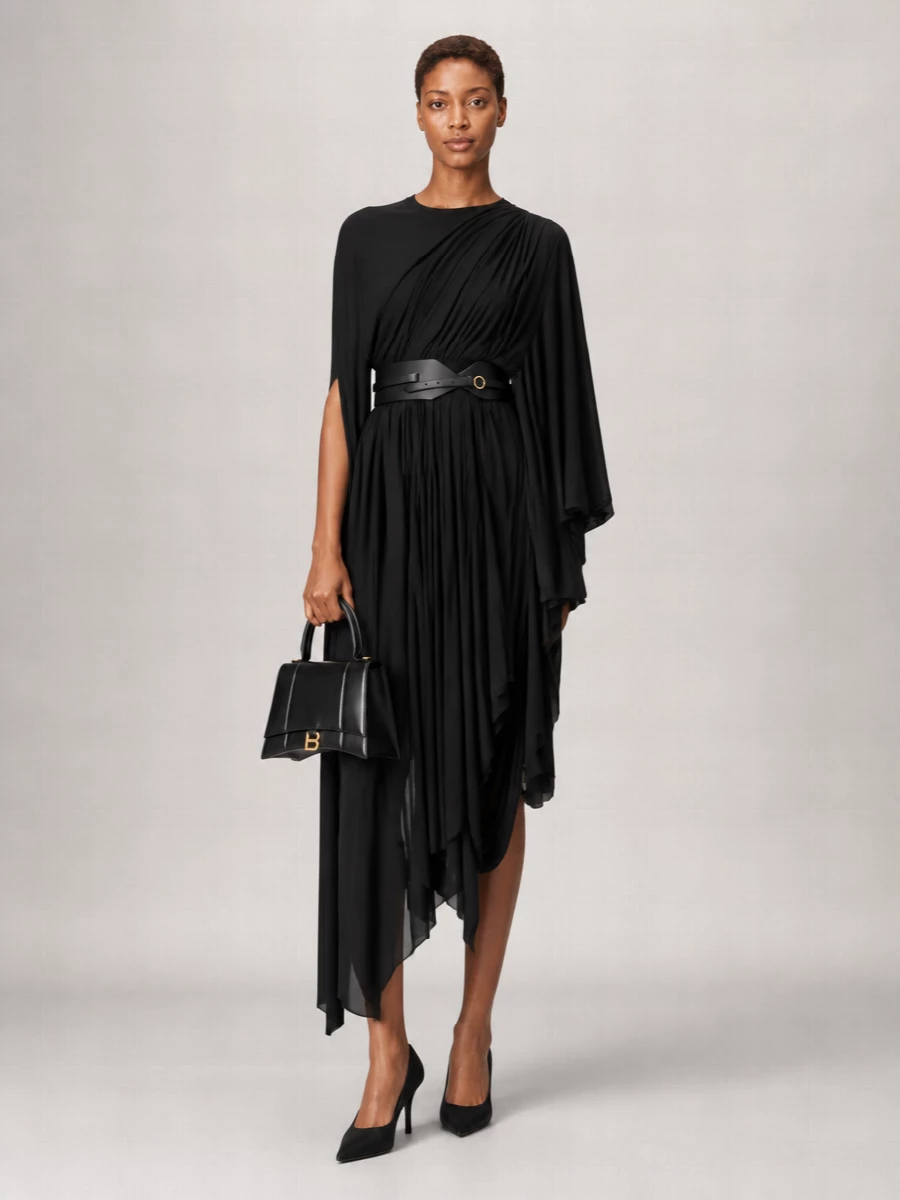 Balenciaga Draped Asymmetric Long-Sleeve Midi Dress