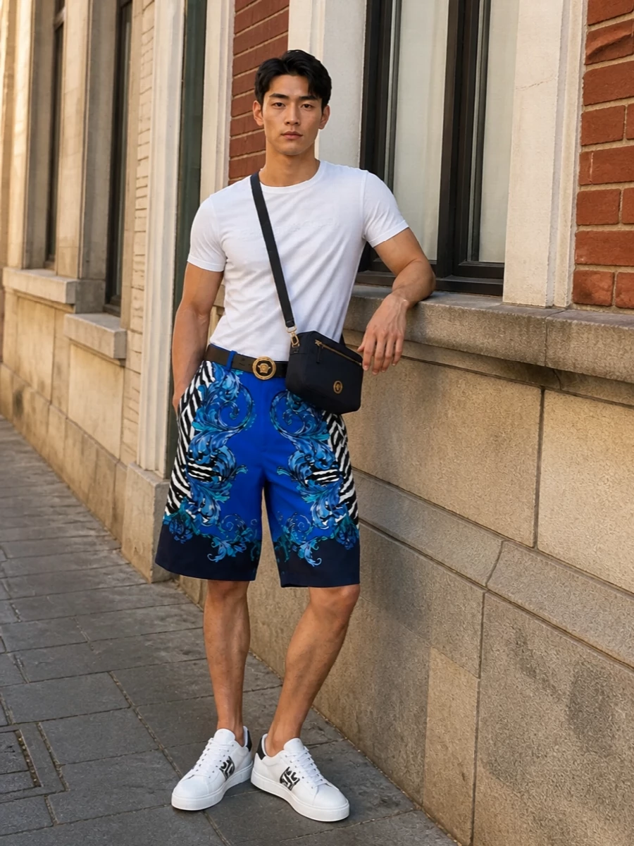 Versace baroque shorts white tee sneakers