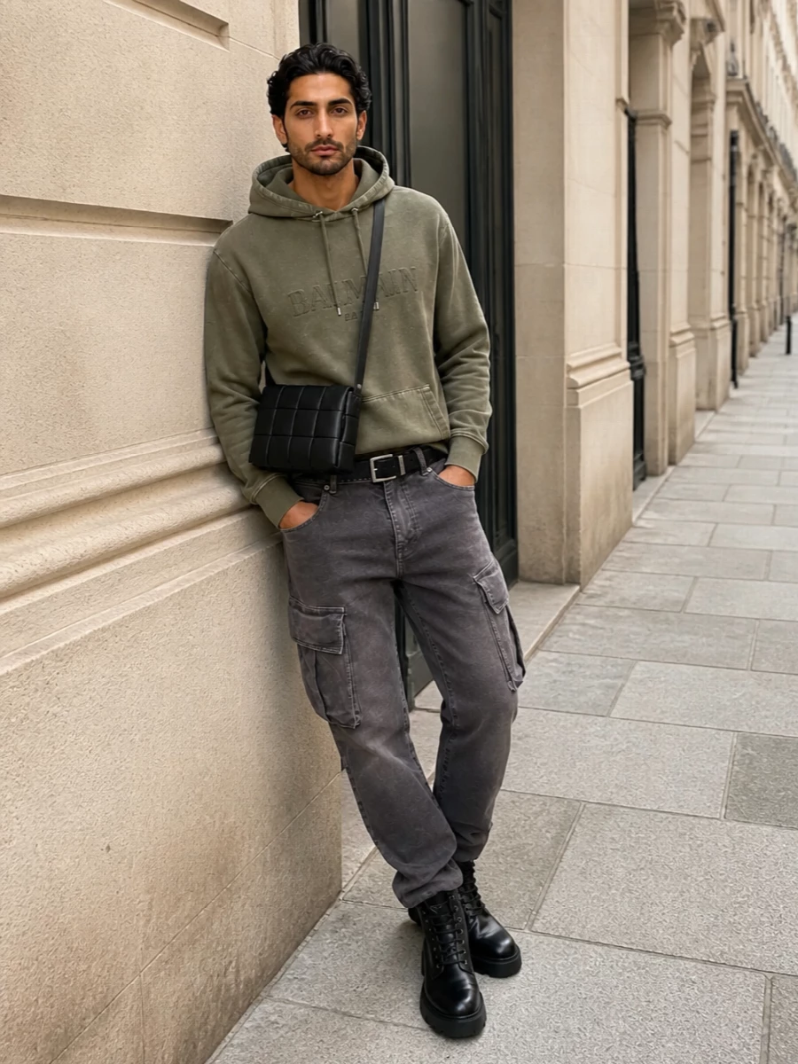 Balmain cargo pants prada combat boots outfit