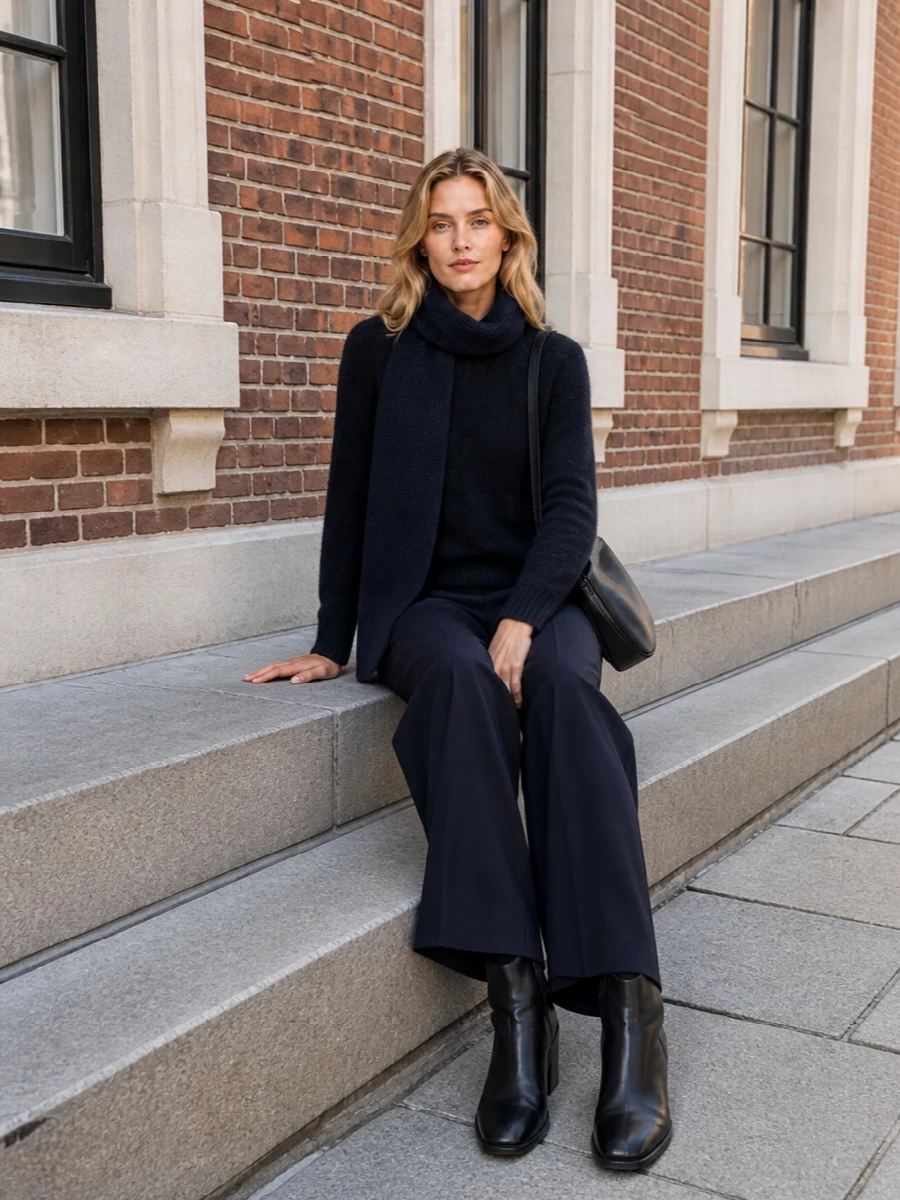 Soeur navy sweater wide leg trousers outfit