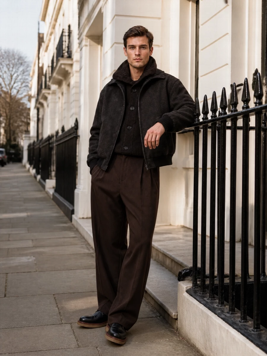 A deep chocolate column under a sharply cut bomber creates a quiet, city-ready uniform that feels both protective and precise. Wide, high-rise tailoring softens the silhouette while black Chelsea boots and a slim leather shoulder bag keep the line clean and grounded. The result is a minimalist winter ensemble that reads discreetly luxurious without a single loud detail.