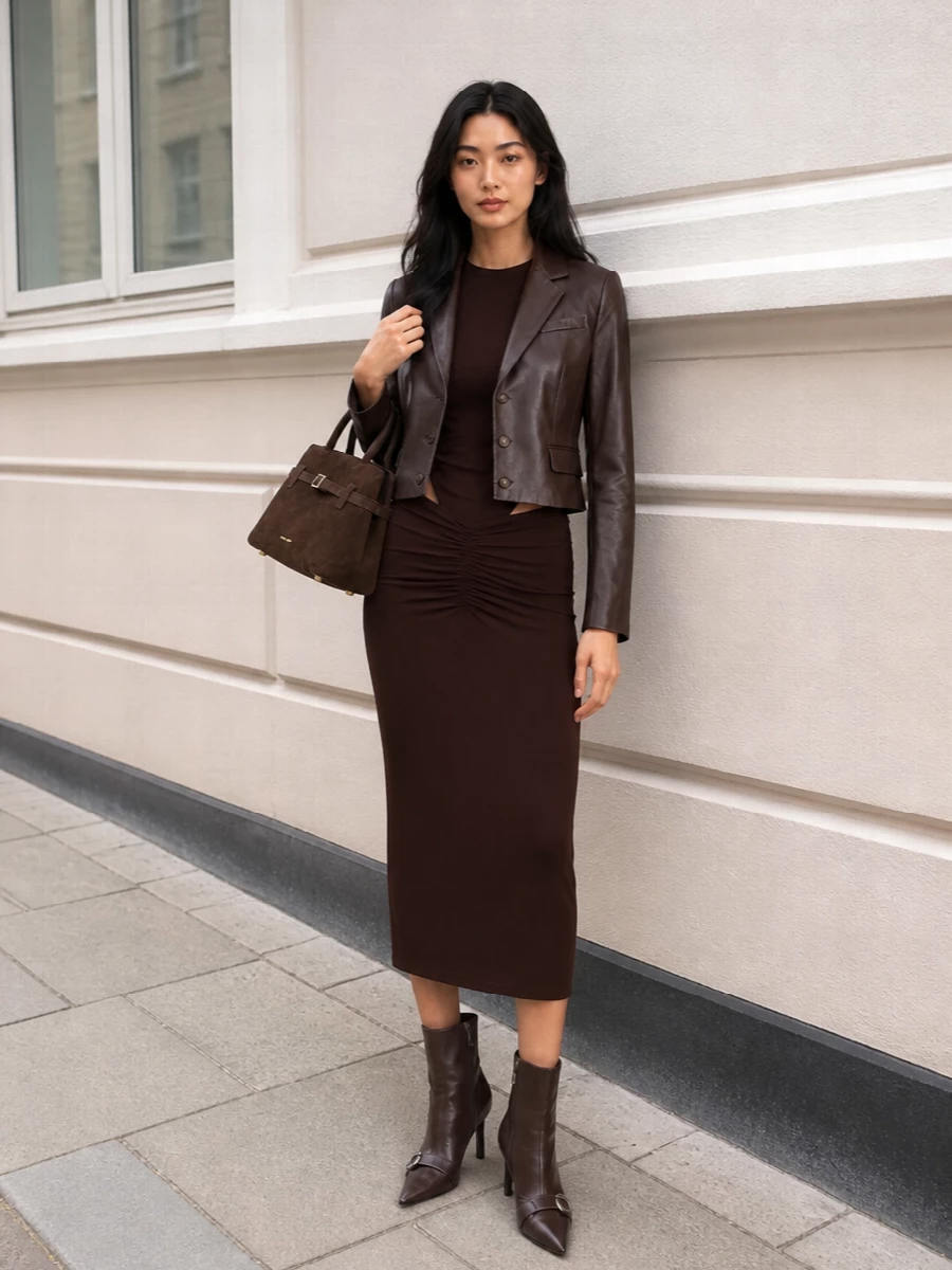 Andamane chocolate cut out dress leather coat