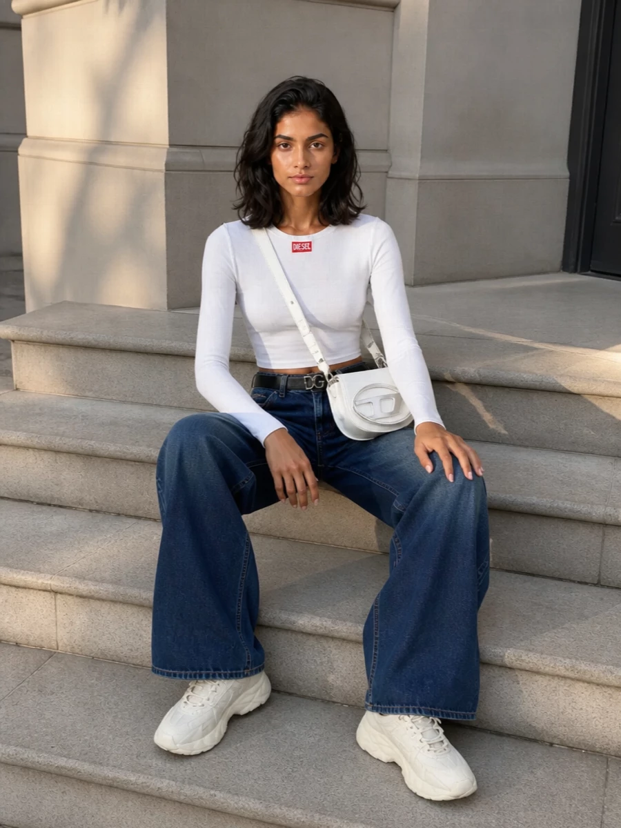 Diesel wide leg jeans white crop top sneakers