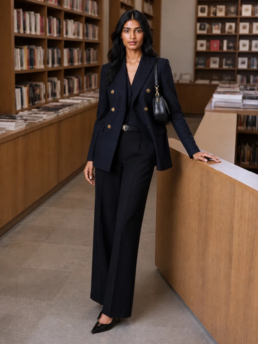 A navy double-breasted blazer sits over high-waisted black wide-leg trousers for a clean, elongated Saint Laurent take on power tailoring. Black slingback stilettos and a structured black shoulder bag continue the strict palette, while a slim leather belt quietly picks up the gold hardware so the whole outfit reads sharp, calm and assured from boardroom to late dinner.