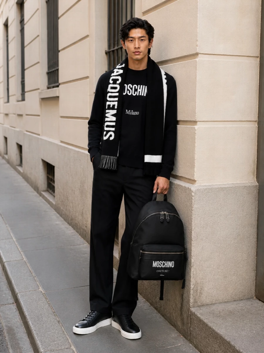 Moschino black logo sweater black trousers outfit