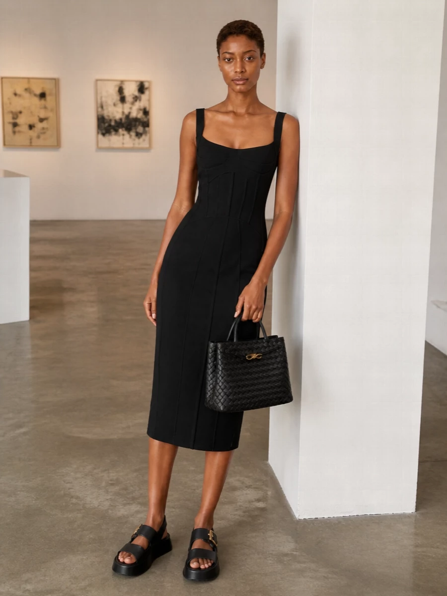 For this Bottega Veneta tote, a single, impeccably cut black midi dress feels more coherent than separates, keeping the focus on line, texture and hardware. The Attico’s corset-inflected silhouette picks up the bag’s structured attitude, while the Tod’s platform slingback grounds the length with a modern, quiet-luxury edge. The result is a restrained black-and-gold evening ensemble that moves seamlessly from sharp dinners to late gallery openings without ever feeling fussy.