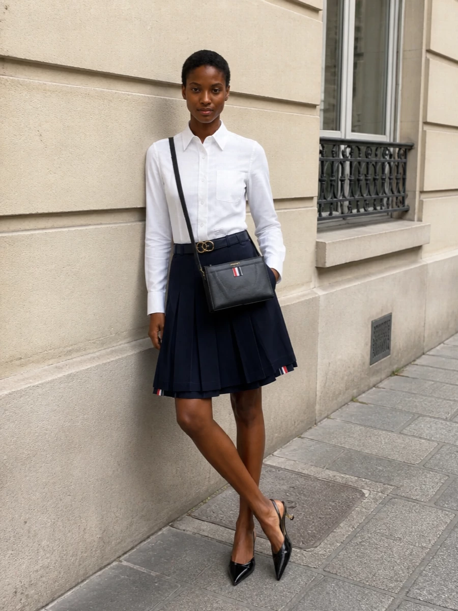 Thom browne white shirt navy pleated skirt outfit