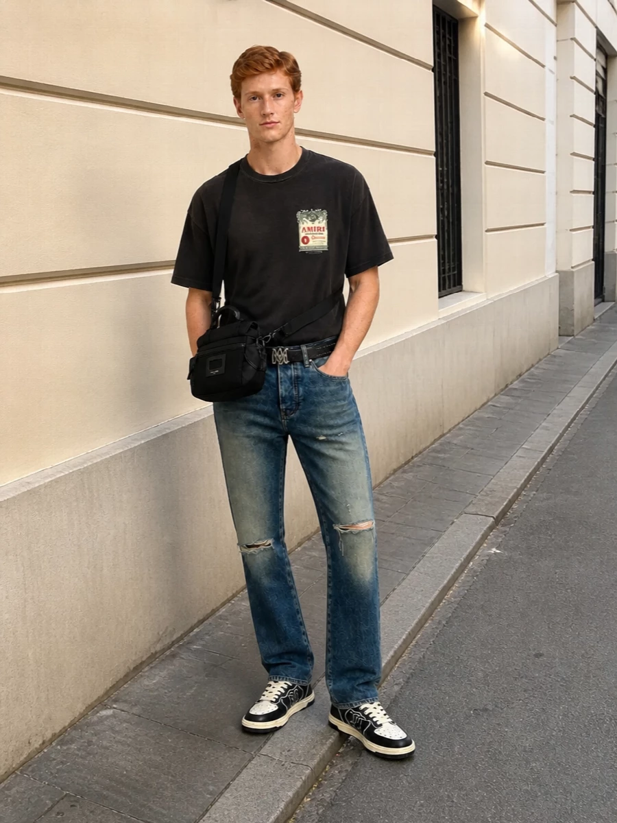 Amiri jeans black tee sneakers outfit