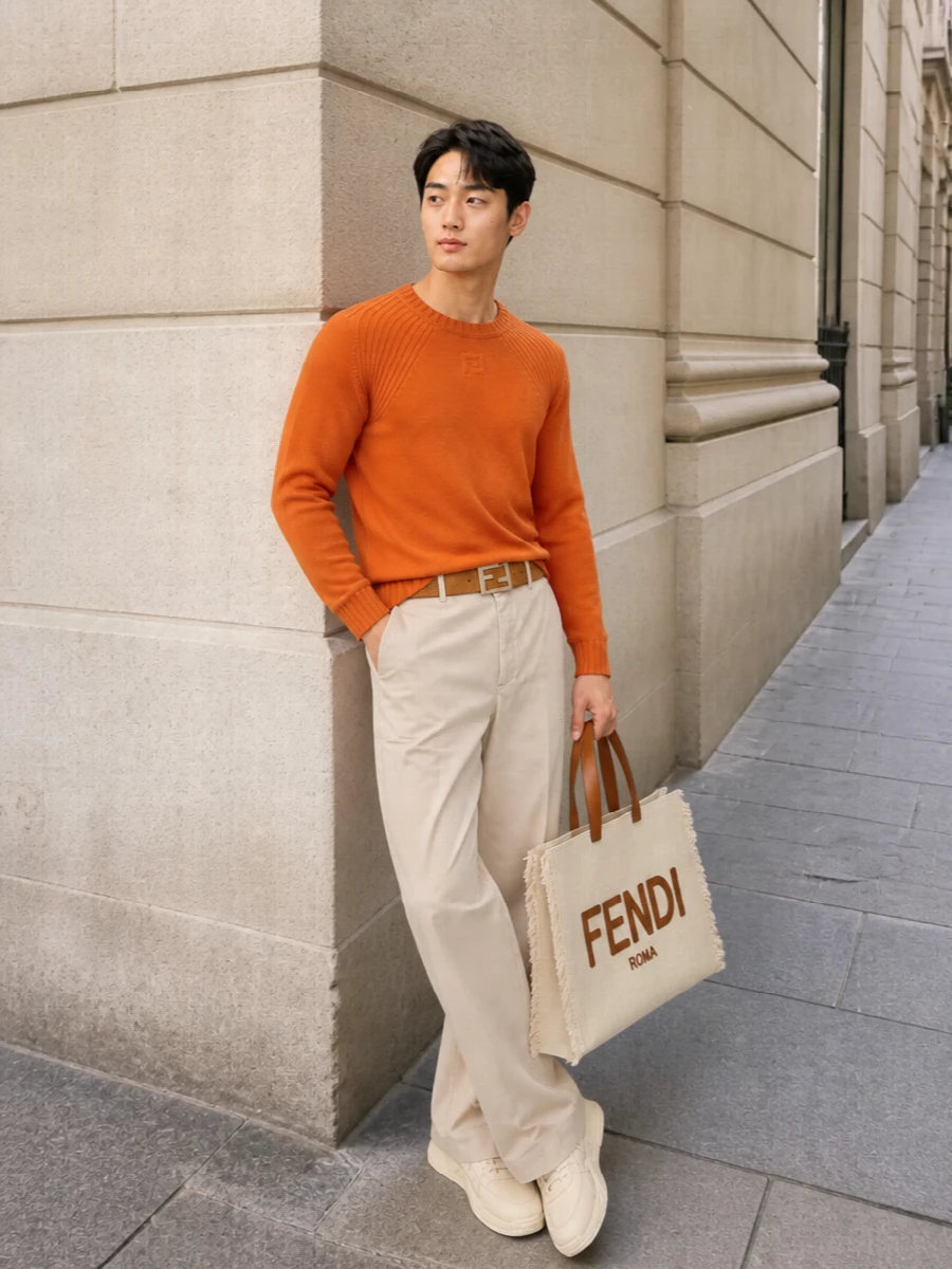 Fendi burnt orange crewneck beige wide leg pants