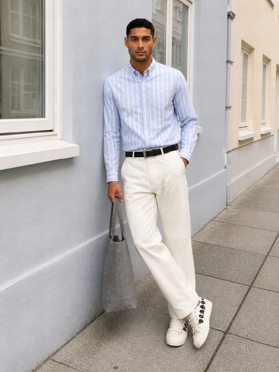 Pale blue stripes meet creamy straight-leg trousers for a campus-preppy take on streetwear that feels fresh in warmer weather. Cream canvas sneakers and a striped tote keep the mood relaxed but graphic, while a slim black belt adds just enough definition. Wear the shirt neatly tucked or half-tucked to play up the clean lines of the trouser and show that subtle hardware at the waist.
